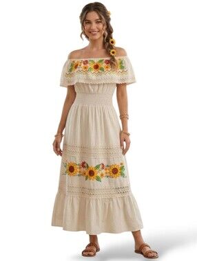 Embroidery Sunflower Cream Maxi Summer Dress Size 4